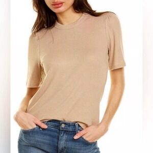 Faherty Layne Ribbed Puff Sleeve T Shirt Top Tan Size Small